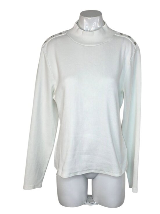 Veronica Beard Tops - Veronica Beard Ribbed Long Sleeve Mock Neck Top, White, Button Detail, Size XL